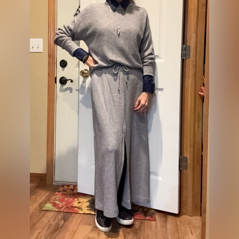 Express Gray Knit Glitter Maxi Skirt and Sweater